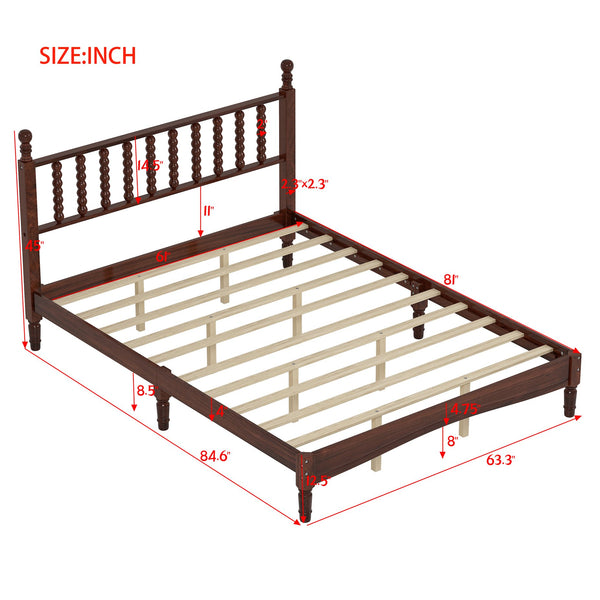 English Elm Queen Wood Platform Bed with Gourd-Shaped Headboard, Retro-Inspired Solid Frame, Slat Support, Sturdy Elegance Walnut 64.8 L x 17.5 W x 9.5 H N733P206242D