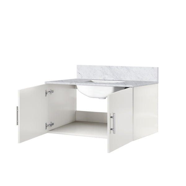 English Elm Glossy White Bath Vanity With Carrara Marble Top, Soft-Close Drawers & Easy Faucet Installation B2731P258628