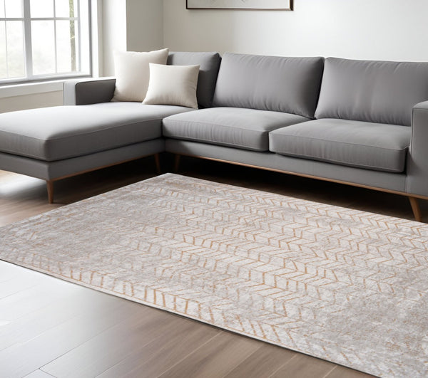 HomeRoots 3' Gray and Yellow Chevron Non-Skid Area Rug for Modern Décor – Durable, Stylish, Perfect for Any Room 7' X 9' 548559