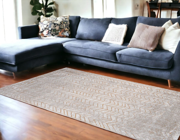 HomeRoots 9' Gray and Yellow Chevron Non-Skid Area Rug - Modern, Low-Profile Design for High-Traffic Spaces 548561