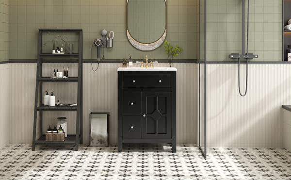English Elm 24" Modern Bathroom Vanity with Ceramic Basin, French Country Cross-Grid Design & Soft-Close Drawers Black N710P280655B