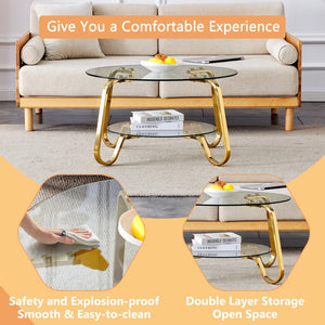 English Elm Retro Industrial Square Coffee Table Dual Tier Tempered Glass and Powder Coated Metal Frame Gold W3875P373155