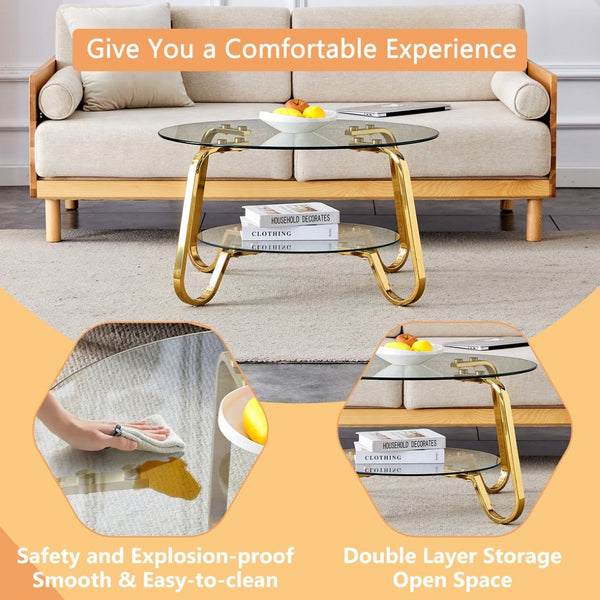 English Elm Retro Industrial Square Coffee Table Dual Tier Tempered Glass and Powder Coated Metal Frame Gold W3875P373155