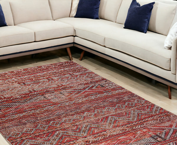 Homeroots 7' X 9' Red And Gray Oriental Non Skid Area Rug  100% Pet 548609
