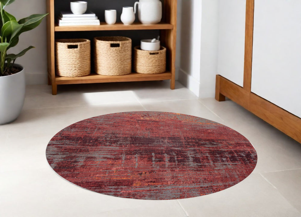 Homeroots 5' Red And Gray Round Abstract Non Skid Area Rug  100% Pet 548618