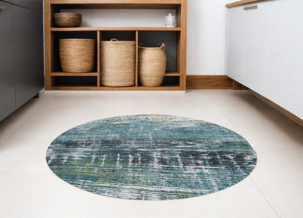 Homeroots 5' Blue And Green Round Abstract Non Skid Area Rug  100% Pet 548626