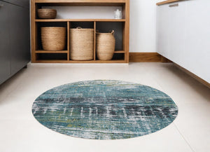 Homeroots 5' Blue And Green Round Abstract Non Skid Area Rug  100% Pet 548626