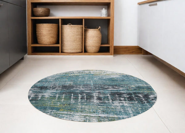 Homeroots 5' Blue And Green Round Abstract Non Skid Area Rug  100% Pet 548626