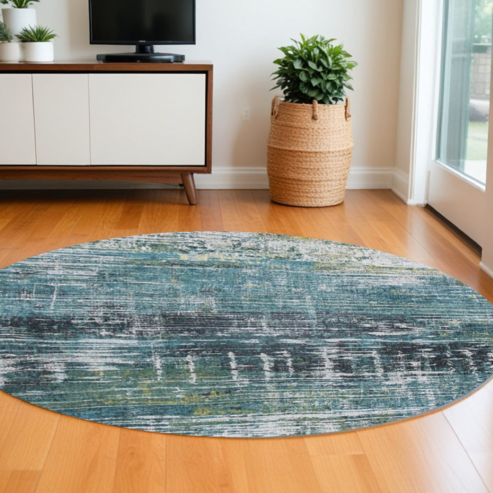 HomeRoots 5' Blue and Green Abstract Area Rug with Non-Skid Backing for Safe and Stylish Home Décor 8' Round 548627