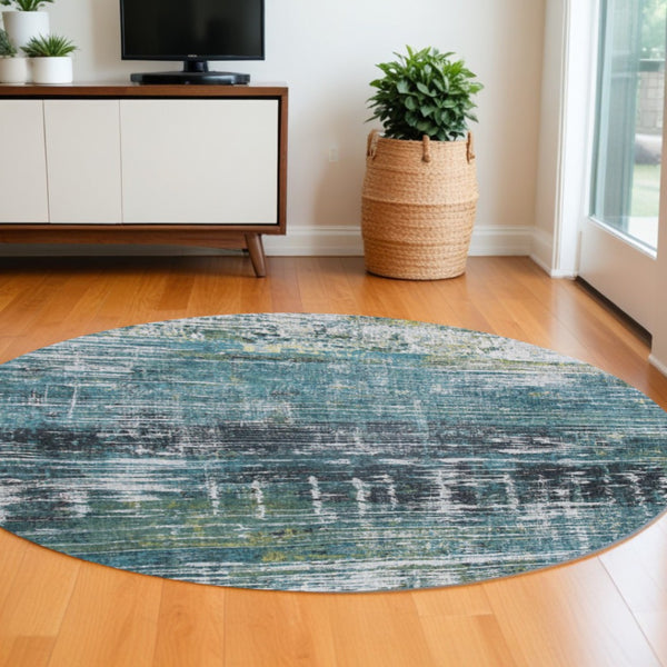 HomeRoots 5' Blue and Green Abstract Area Rug with Non-Skid Backing for Safe and Stylish Home Décor 8' Round 548627
