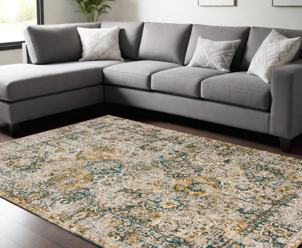 HomeRoots 9' Blue and Green Abstract Non-Skid Area Rug – Stylish, Safe, and Easy to Maintain for High-Traffic Spaces 548632