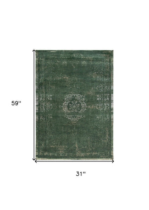 HomeRoots 3' Gray and Green Medallion Non-Skid Area Rug for High-Traffic Spaces - Elegant & Durable Design 3' X 5' 548639