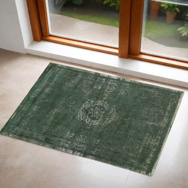 HomeRoots 3' Gray and Green Medallion Non-Skid Area Rug for High-Traffic Spaces - Elegant & Durable Design 3' X 5' 548639