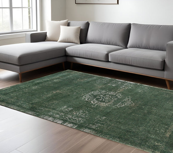 HomeRoots 3' Gray and Green Medallion Non-Skid Area Rug for High-Traffic Spaces - Elegant & Durable Design 7' X 9' 548642