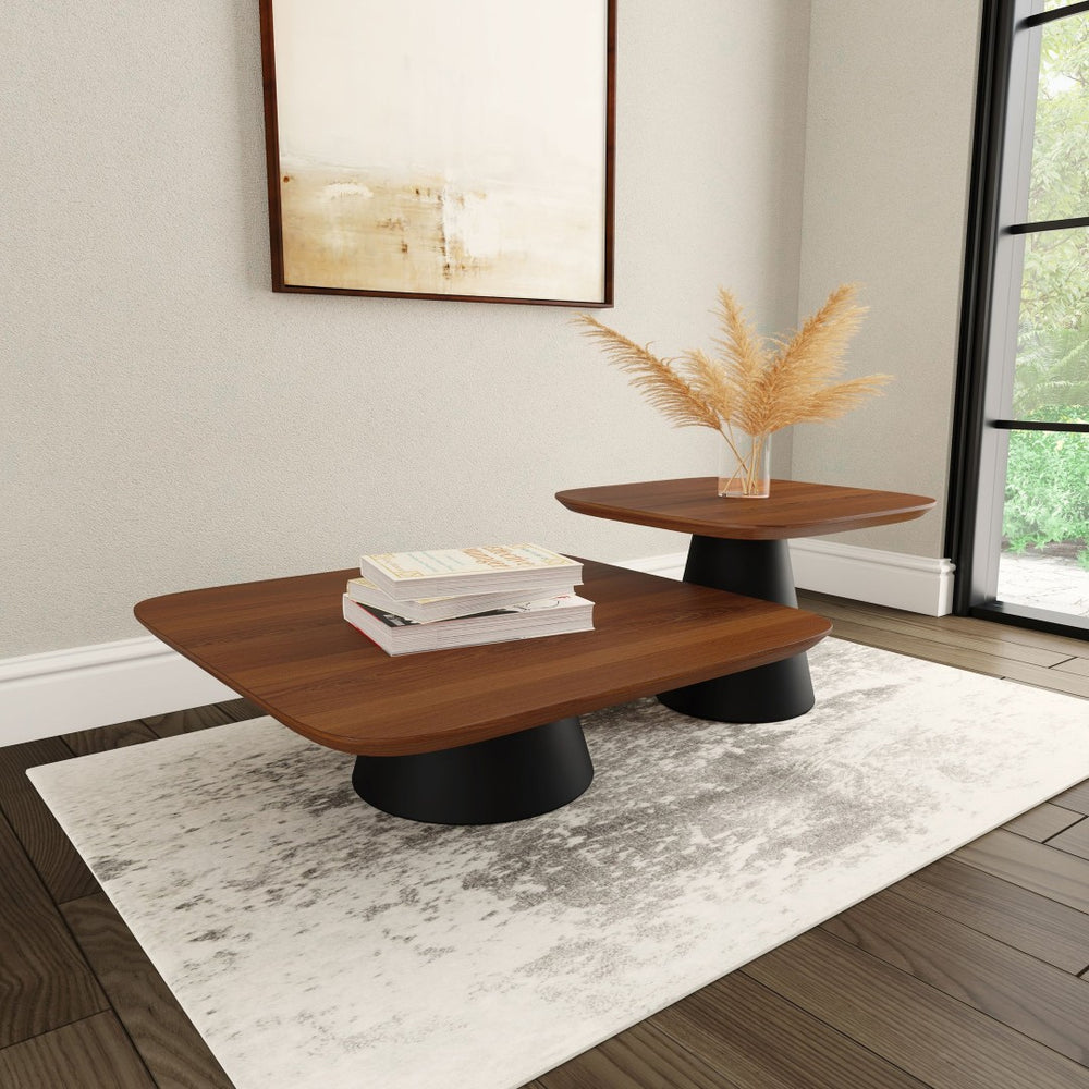 English Elm Duncan Walnut Veneer Two-piece Nesting Coffee Set with Matte Black Conical Bases B062S01486