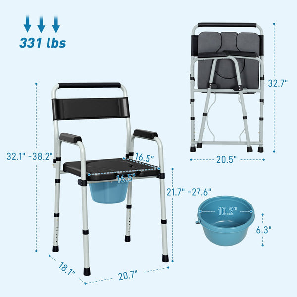 English Elm Adjustable Commode Chair with Steel Frame Pu Seat Seven Heights Foldable Senior Aid T3971P412319
