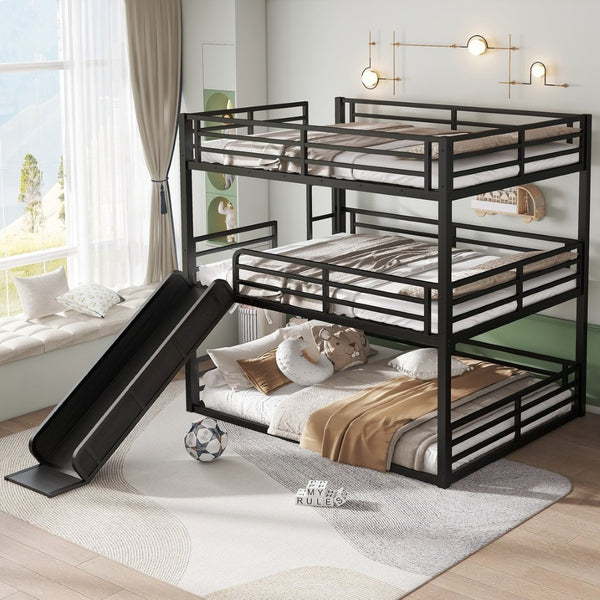 English Elm Queen Metal Triple Bunk Bed With Slide - Space-Saving, Heavy-Duty Design, Safety Guardrails In Black W1580S00172-GIGA