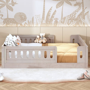 English Elm Wood Full Size Kids Platform Bed Solid Pine Guardrail Low Profile Safe Sleep Frame Natural N709P321458N