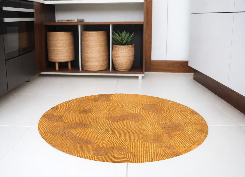 Homeroots 8' Yellow Round Abstract Non Skid Area Rug  100% Pet 548741