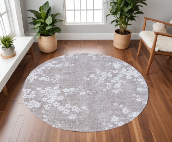 HomeRoots 5' Gray and White Oriental Area Rug - Non-Skid, Elegant Design Perfect for Entryways and Kitchens 8' Round 548796