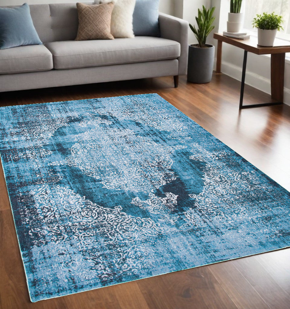 Homeroots 5' X 7' Blue And White Oriental Non Skid Area Rug  100% Pet 548798