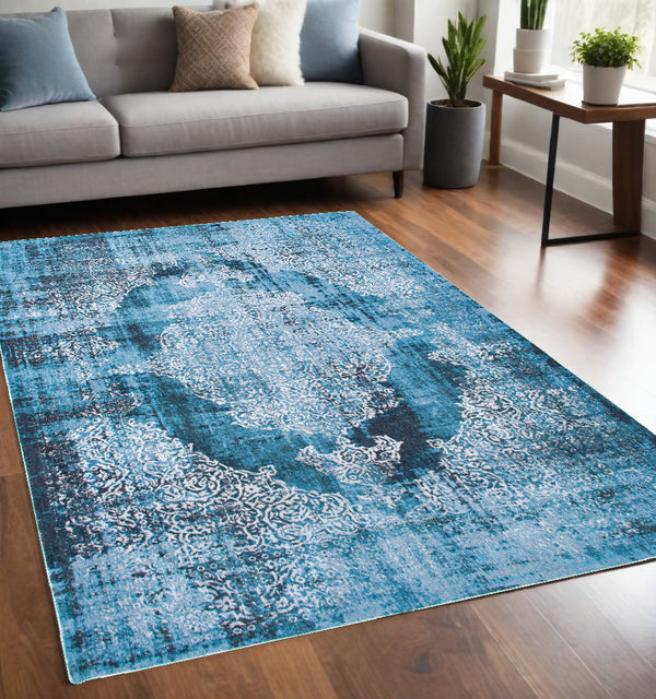 Homeroots 5' X 7' Blue And White Oriental Non Skid Area Rug  100% Pet 548798