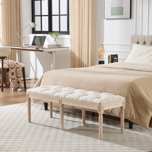 English Elm Bedroom Bench Linen Tufted Seat with Hand Carved Rubberwood Legs French Country Style W3244P500175
