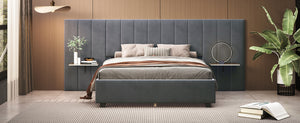 English Elm Queen Upholstered Platform Bed with Oversized Velvet Headboard, Built-In Shelves, Modern Comfort and Support for Relaxation Gray SF000138AAE