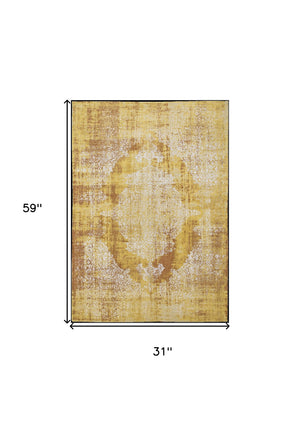 Homeroots 3' X 5' Yellow And Brown Oriental Non Skid Area Rug  100% Pet 548815