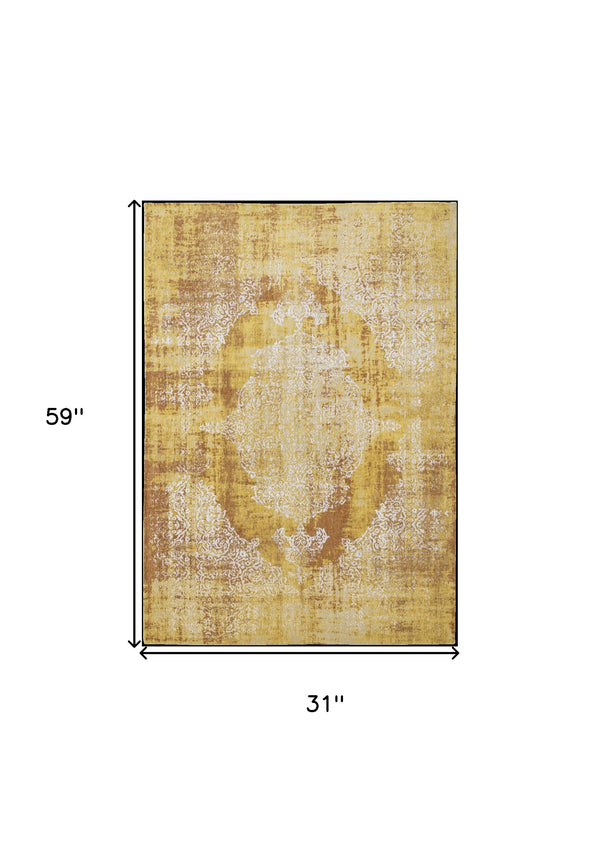 Homeroots 3' X 5' Yellow And Brown Oriental Non Skid Area Rug  100% Pet 548815