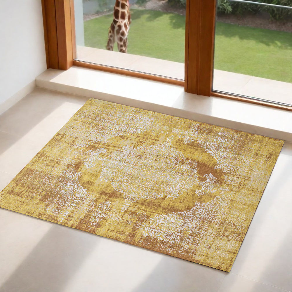 Homeroots 3' X 5' Yellow And Brown Oriental Non Skid Area Rug  100% Pet 548815
