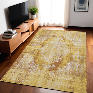 Homeroots 5' X 7' Yellow And Brown Oriental Non Skid Area Rug  100% Pet 548816