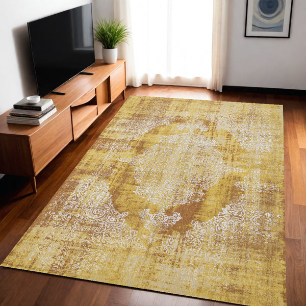 Homeroots 5' X 7' Yellow And Brown Oriental Non Skid Area Rug  100% Pet 548816