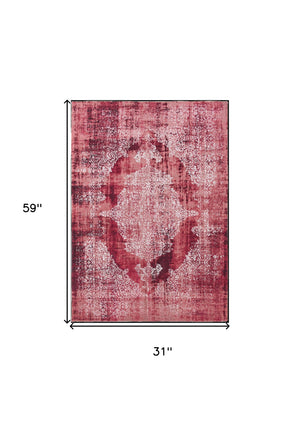 Homeroots 3' X 5' Red And White Oriental Non Skid Area Rug  100% Pet 548821