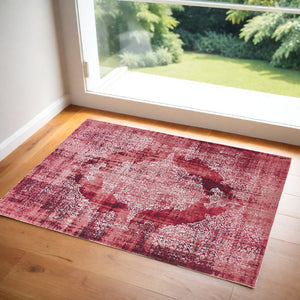 Homeroots 3' X 5' Red And White Oriental Non Skid Area Rug  100% Pet 548821