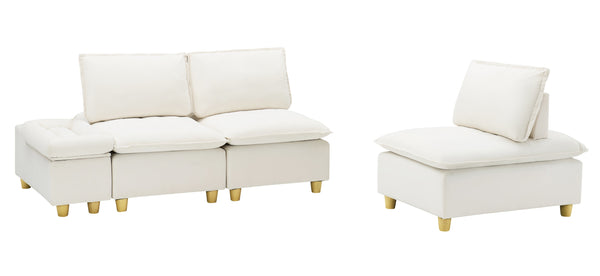 English Elm 104-inch pumpkin flannel three-seater sofa with storage cabinet, cup holders, adjustable backrest, comfy modern design Beige W1658S00096