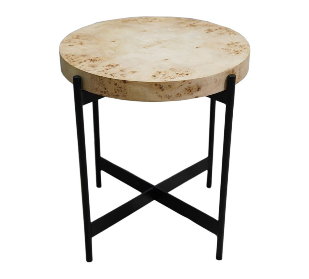HomeRoots 22" Handcrafted Round End Table with Unique Burl Wood Top & Sleek Black Metal Base for Versatile Decor 548884