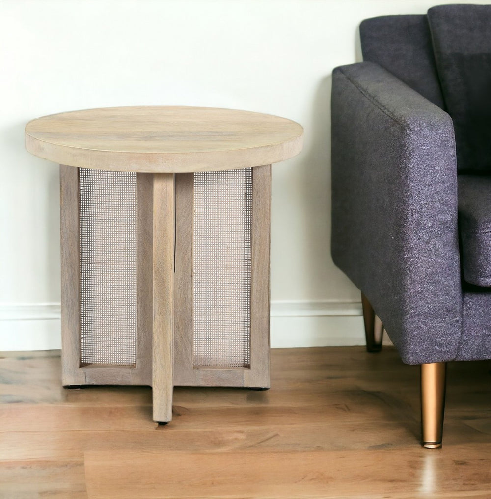 HomeRoots 22" Natural Solid Wood & Rattan Round End Table - Handcrafted Coastal Decor for Stylish Living Spaces 548886