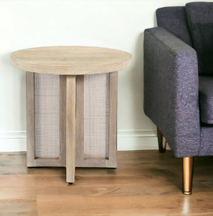 HomeRoots 22" Natural Solid Wood & Rattan Round End Table - Handcrafted Coastal Decor for Stylish Living Spaces 548886