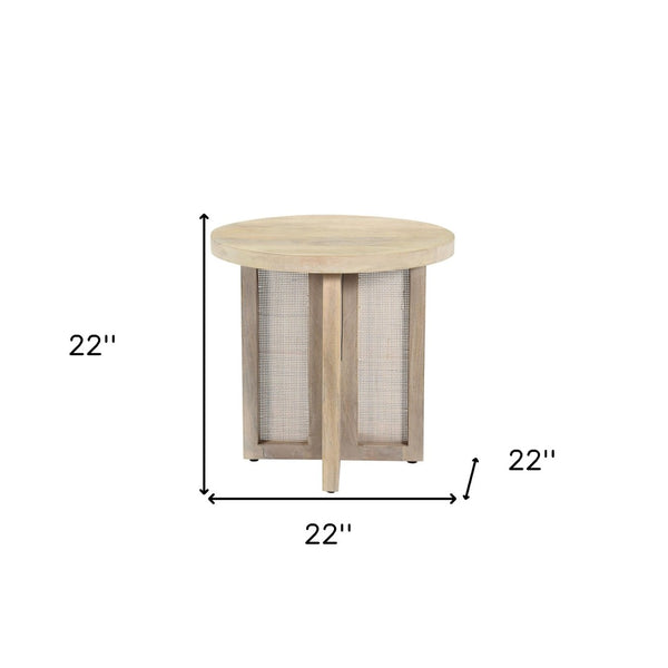 HomeRoots 22" Natural Solid Wood & Rattan Round End Table - Handcrafted Coastal Decor for Stylish Living Spaces 548886