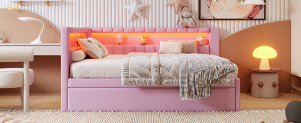 English Elm Upholstered Full Platform Bed with Trundle, Built-In USB Ports & LED Accent, Linen Upholstery Pink DL001925AAH