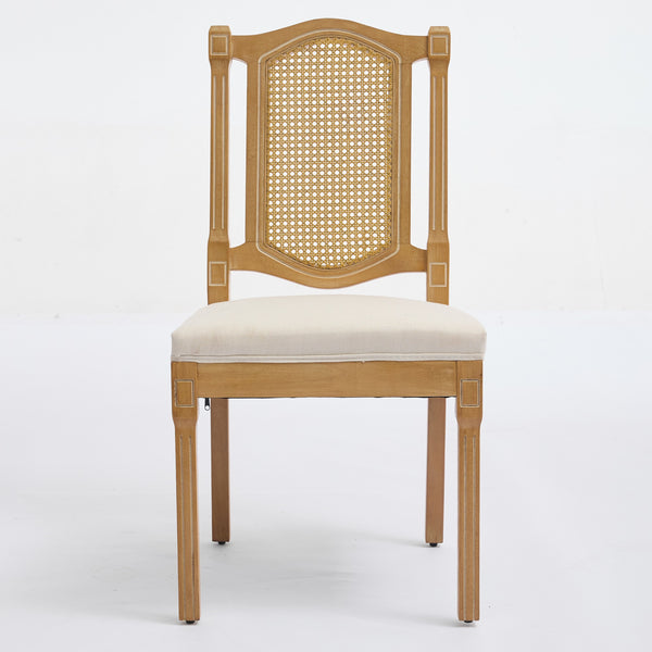 English Elm Full Solid Wood Rattan-Back Dining Chair With Comfortable Linen Cushion, Perfect For Rustic Spaces W1143P384364