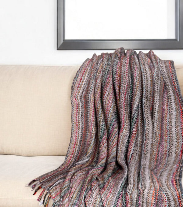 Homeroots 50" X 60" Orange Brown And Ivory Woven Acrylic Striped Throw Blanket With Fringe  Acrylic 548949