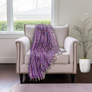 Homeroots 50" X 60" Purple Woven Acrylic Striped Throw Blanket With Fringe  Acrylic 548950