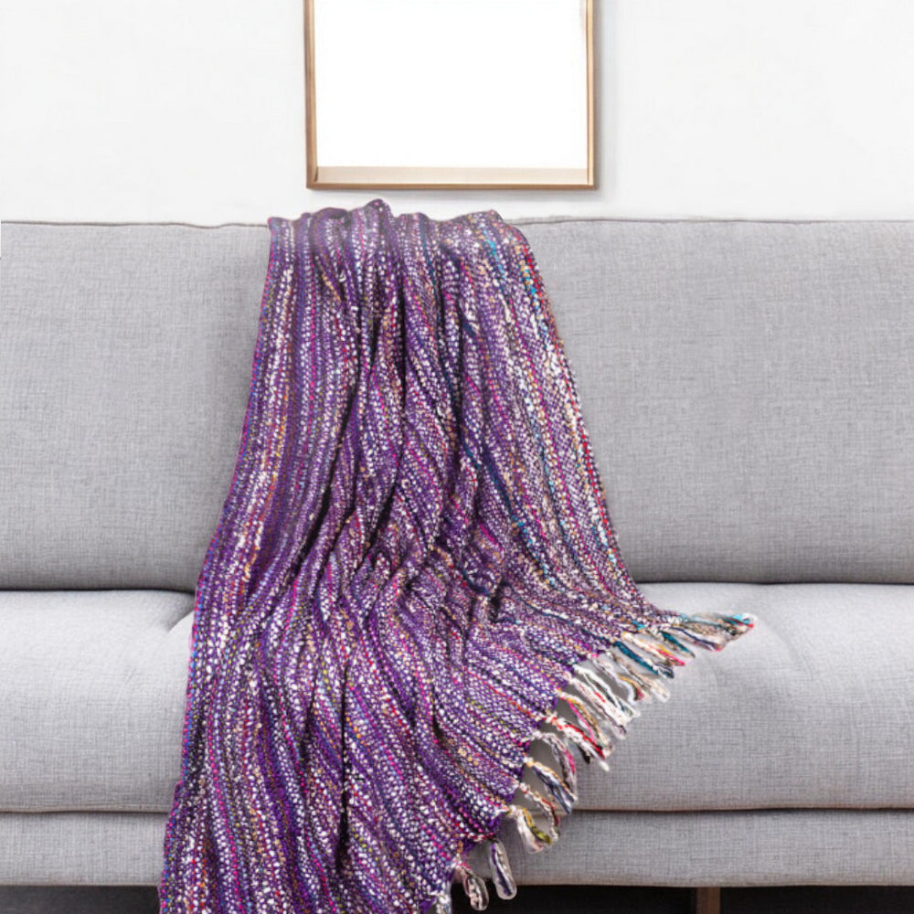 Homeroots 50" X 60" Purple Woven Acrylic Striped Throw Blanket With Fringe  Acrylic 548950