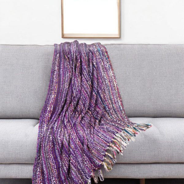 Homeroots 50" X 60" Purple Woven Acrylic Striped Throw Blanket With Fringe  Acrylic 548950