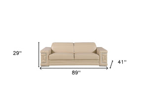 Homeroots 89" Beige Leather Sofa With Silver Legs   548983