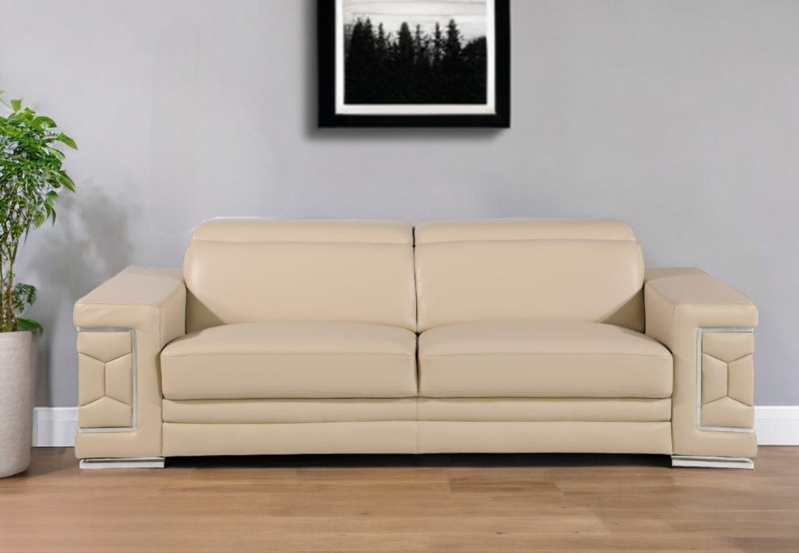 HomeRoots 89" Leather Sofa with Modern Silver Legs – Stylish, Comfortable Seating for Your Living Room Decor BEIGE 548983