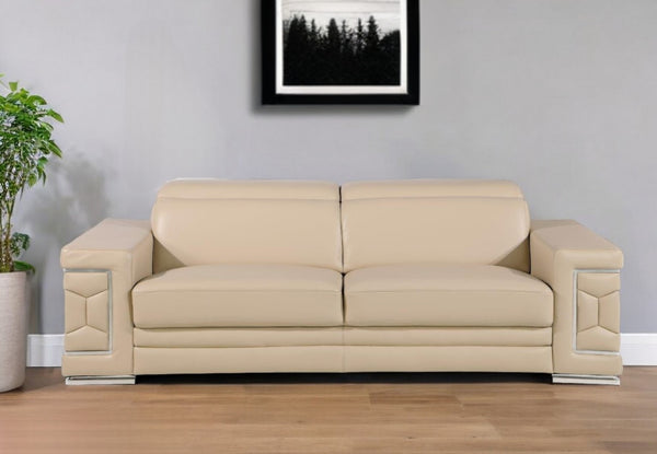 Homeroots 89" Beige Leather Sofa With Silver Legs   548983