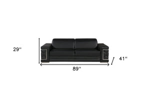 Homeroots 89" Black Leather Sofa With Silver Legs   548984